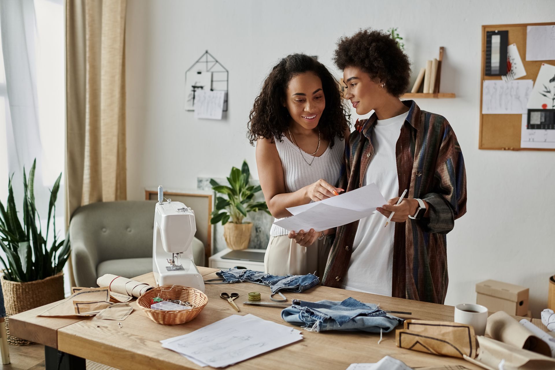 Two women standing side by side at a worktable, smiling as they look over a page together